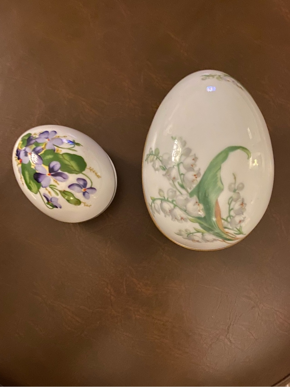 1980 Danbury Mint Violets & 1990’s Limoges Lilly of the Valley Porcelain Eggs